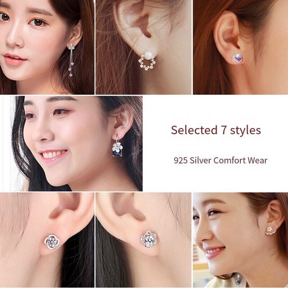 New 925 Silver Needle Earrings One Week Stud Set Earrings Zircon Sterling Silver - Picture 4 of 6